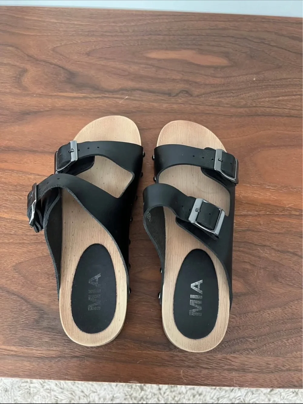 MIA Black Double-Buckle Slide Sandals